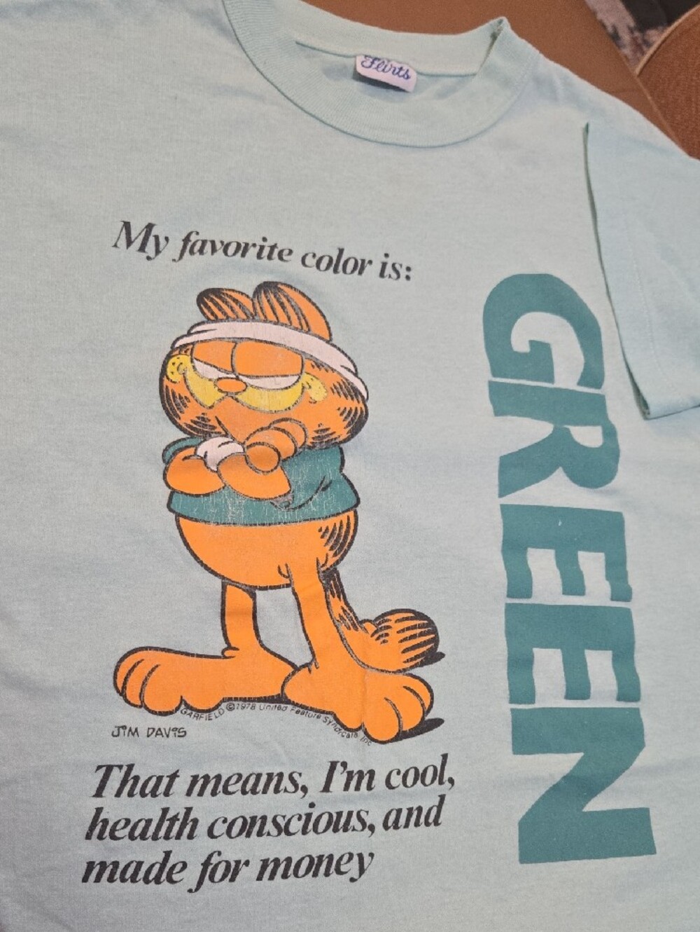 Vintage Garfield 'My Favorite Color is Green' Short Sleeve Tee - Light Mint